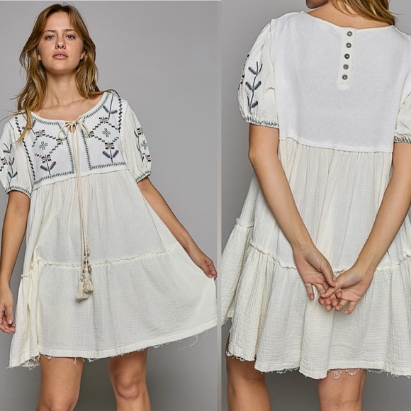 POL Dresses & Skirts - 44. 🛑POL LAST 2! Midi Dress White Embroidered Aztec Gauze Short Sleeve tunic